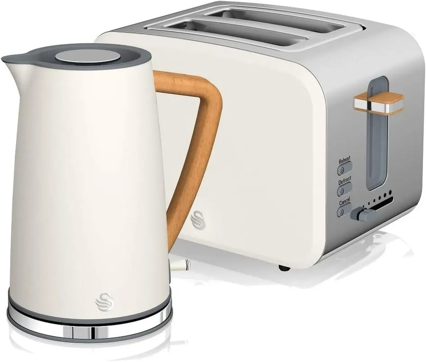Swan Nordic Ensemble Petit Déjeuner Bouilloire 1,7L 2200W Grille-pain 2 Tranches Design Moderne Bois Blanc