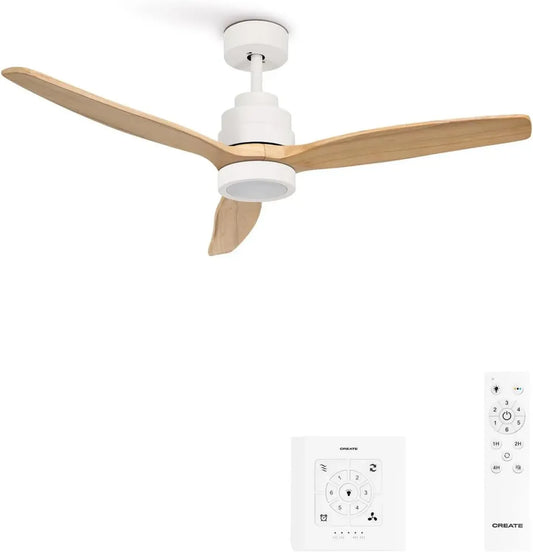 Ventilateur de Plafond Blanc avec Lumière et Télécommande, Pales en Bois Naturel, 6 Vitesses, 132 cm