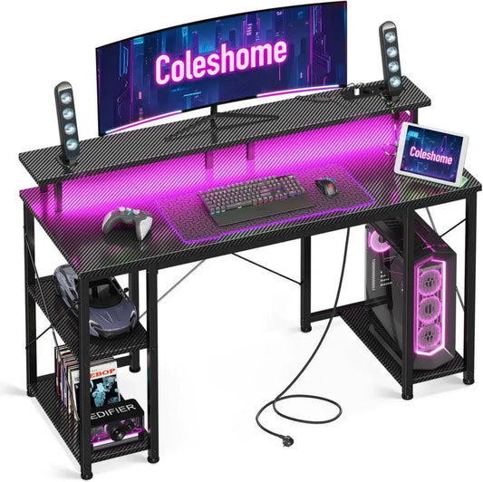 Bureau Gaming LED Coleshome, 120x50cm avec Prises Électriques et Ports USB, Écran et Support, Idéal Petit Espace, Noir