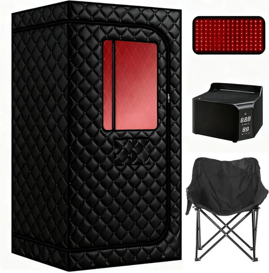 Sauna portable à air chaud avec infrarouge 660 nm, contrôle à distance, température réglable jusqu'à 85°C, fauteuil confort inclus